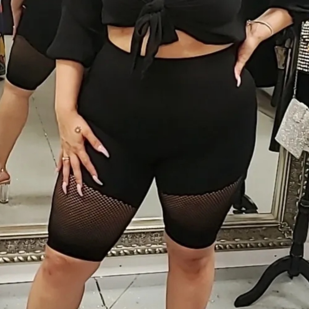 PLUS High Waisted Fish Net Biker Shorts Size 2X/3X - Black